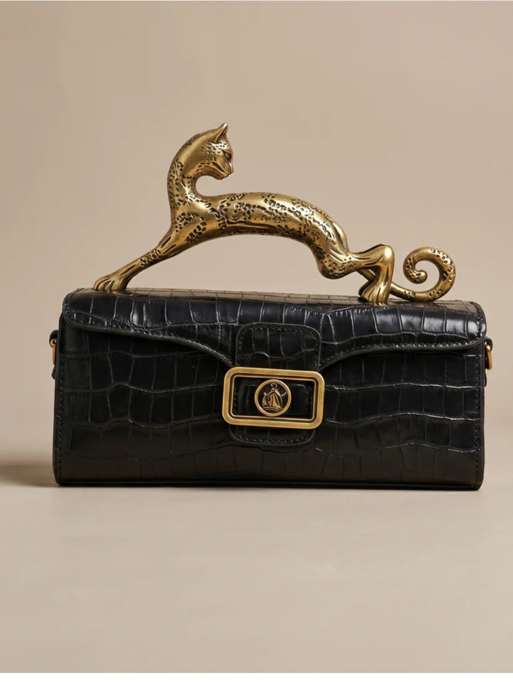 Black Croc-Embossed Leather Shoulder Bag with Gold Accent
